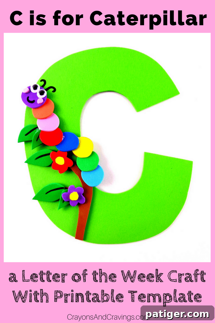 Completed Letter C caterpillar craft featuring a colorful caterpillar on a branch, illustrating the educational fun for preschoolers.
