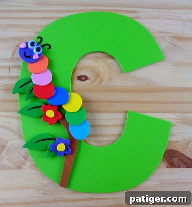 A charming close-up of the finished Letter C caterpillar craft, showcasing the detailed and colorful creation for preschool learning.
