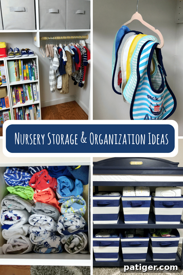 Nursery storage and organization ideas collage with images of nursery closet with shelf storage, hanger hanging bibs, baby clothes in drawer, and clanging table with storage bins on shelves.