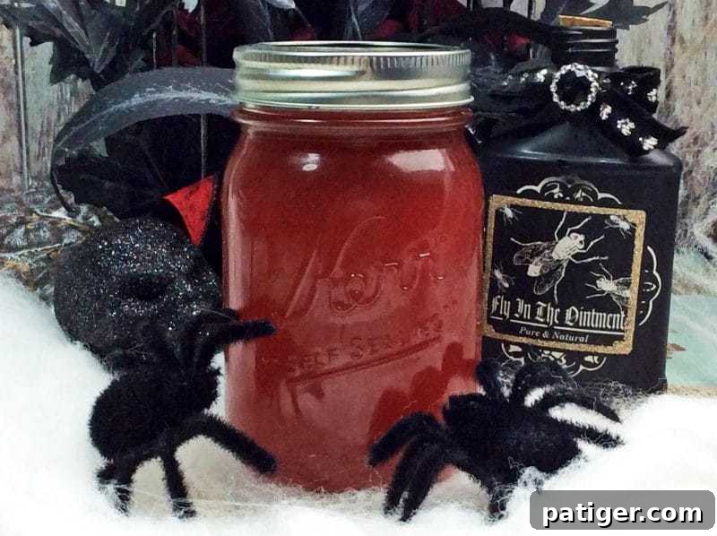 Dark red moonshine in mason jar surrounded by Halloween decorations such as black flowers, a skull, and fuzzy spiders. 
