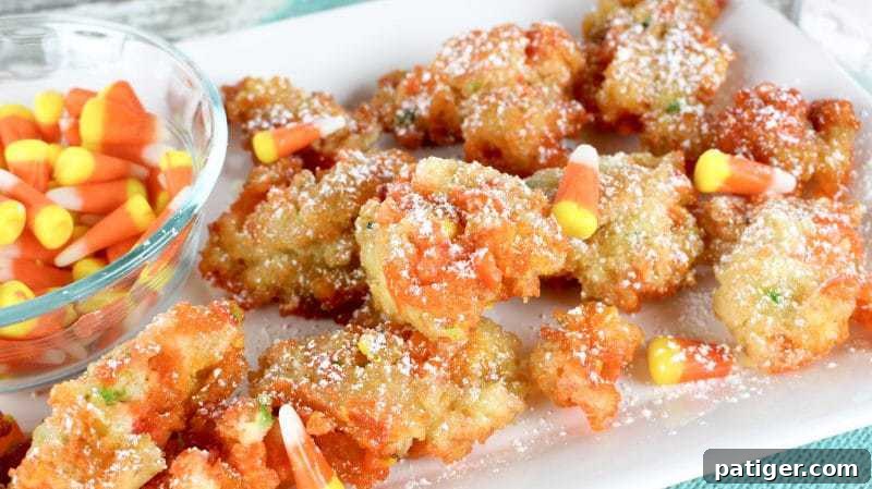 Deep fried candy corn fritters dusted with powdered sugar, served on a plate with a bowl of candy corn.
