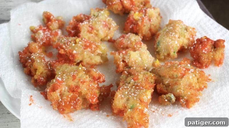 Freshly fried Funfetti Candy Corn fritters resting on layers of paper towels to absorb excess oil.