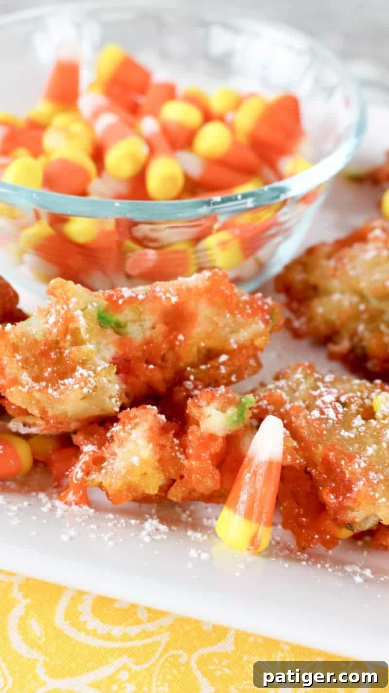Close up view of a Funfetti candy corn pancake mix fritter with a bite taken out, revealing the colorful interior.