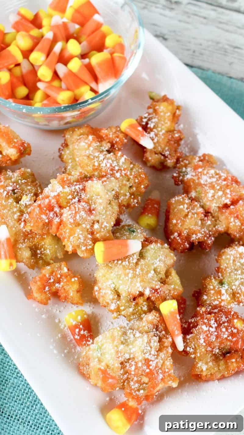 Funfetti fried candy corn fritters dusted with powdered sugar and ready to serve.
