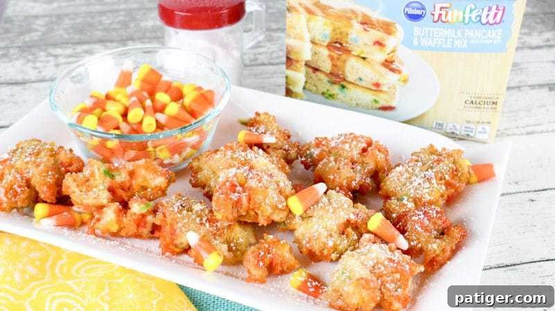 Funfetti Fried Candy Corn on a platter with loose candy corn, powdered sugar duster, and a box of Funfetti pancake mix in the background.