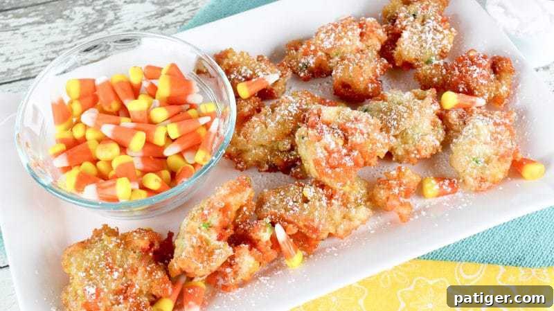 Deep fried candy corn fritters piled high next to a bowl of candy corn, ready to be enjoyed.