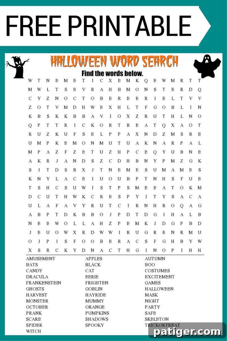 Halloween Word Search free printable worksheet with 30+ Halloween themed words including bats, apples, autumn, costume, spooky, and more.