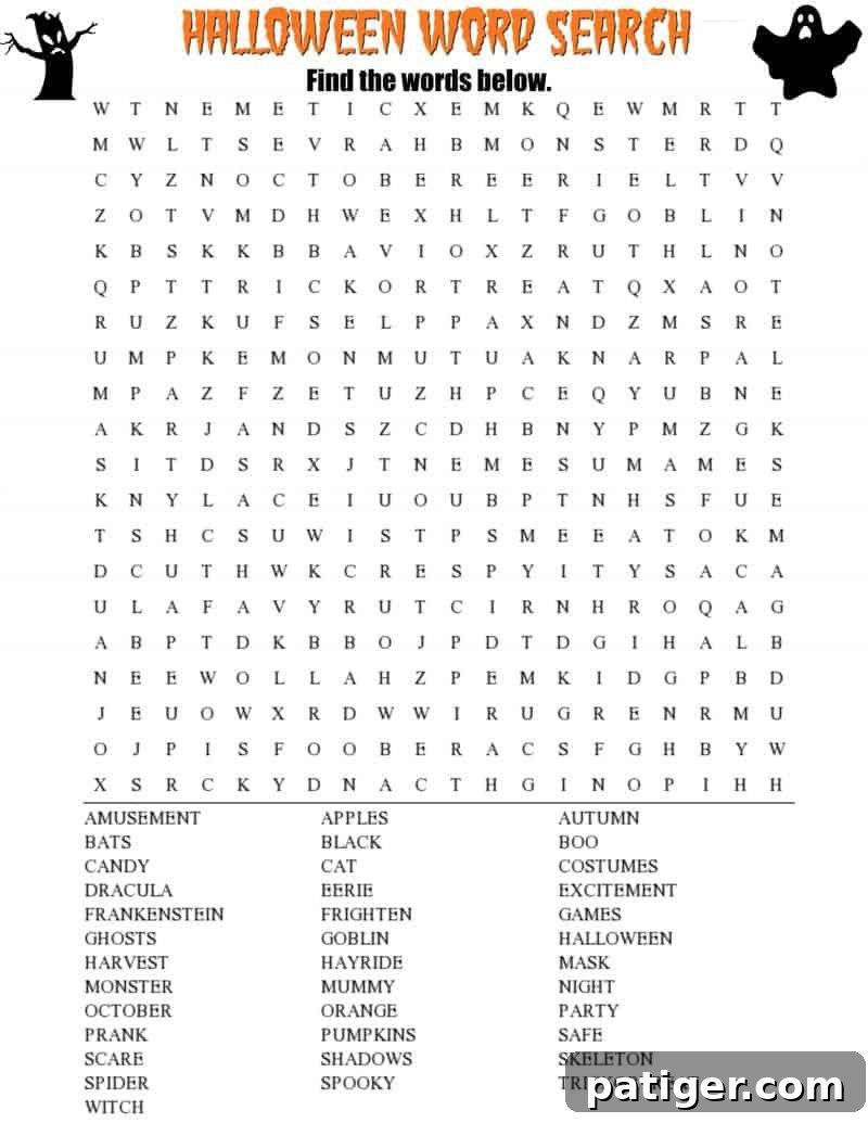 Free Halloween Word Search printable worksheet with 30+ Halloween themed vocabulary words.