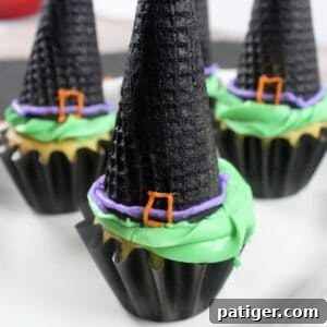 Witch hat cupcakes with upside-down ice cream cones.