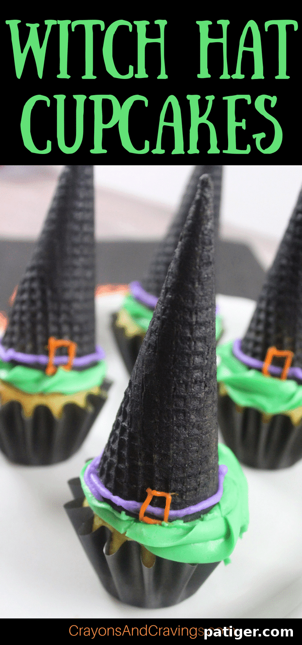 Witch hat cupcakes are made by topping cupcakes with sugar cones and adding detail with icing. These Halloween cupcakes will be a hit at a Halloween party.