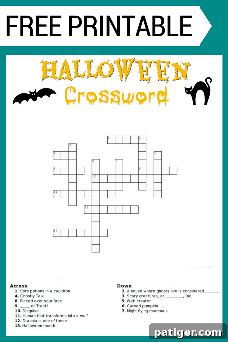 Halloween Crossword Puzzle 2 Free printable Halloween Crossword puzzle with word bank, perfect for kids and classrooms to build vocabulary.