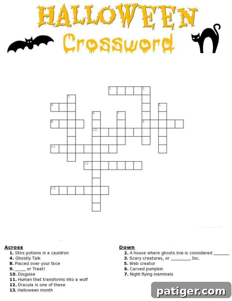 Halloween Crossword Puzzle 3 Challenging Halloween crossword puzzle worksheet with 13 clues, no word bank for advanced solvers and older kids.