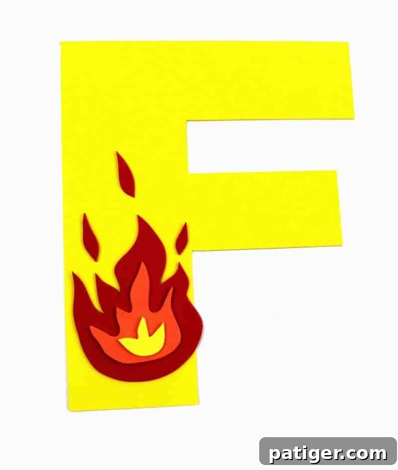 Our completed Letter F is for Fire craft, a vibrant and educational activity for toddlers and preschoolers.