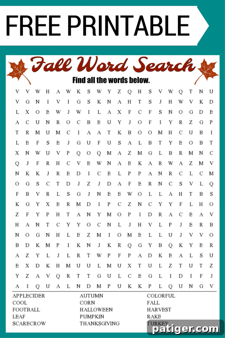 Free Fall Word Search printable worksheet with 15 Fall themed vocabulary words. Perfect for the classroom or as a fun Autumn activity at home. #freeprintable #worksheet #Autumn