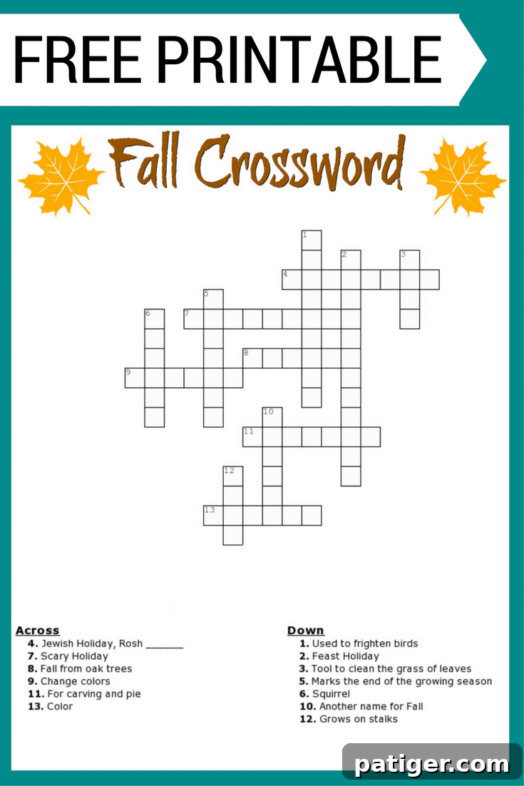 Engaging Free Fall Crossword Puzzle Printable Worksheet for Autumn learning and fun, available with and without a word bank. Ideal for kids' classroom activities or seasonal enjoyment at home.
