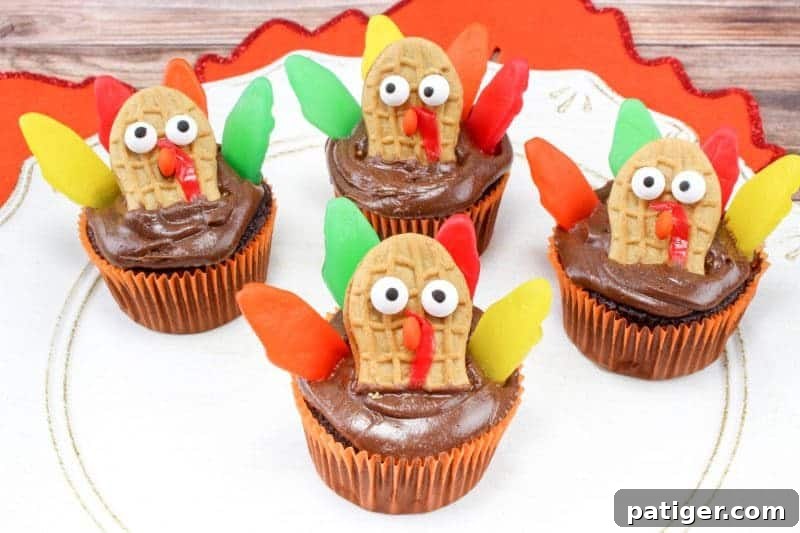 Turquoise Sweet Cupcakes 7 Completed Thanksgiving Turkey Cupcakes, ready to be served.