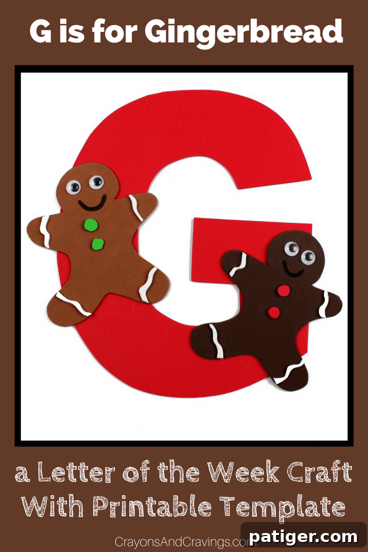Completed Letter G is for Gingerbread Craft with a smiling gingerbread man glued onto the letter G, promoting letter recognition in preschoolers.