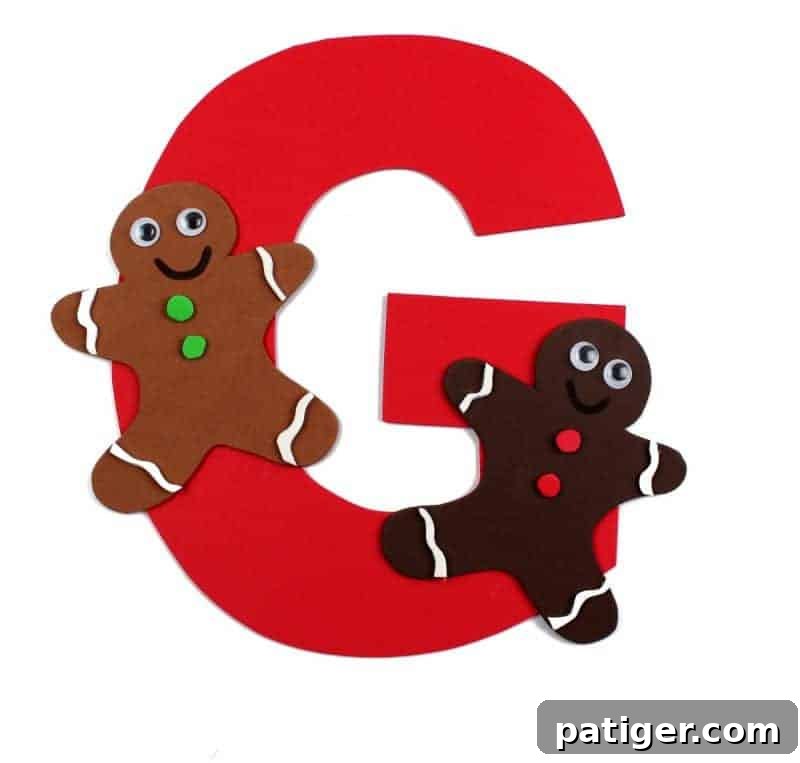 The finished Letter G is for Gingerbread Craft, a fun and educational activity for preschoolers learning letter recognition and practicing fine motor skills.
