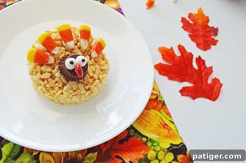 Festive, no-bake Rice Krispie Turkey Treats arranged on a white platter for Thanksgiving celebration