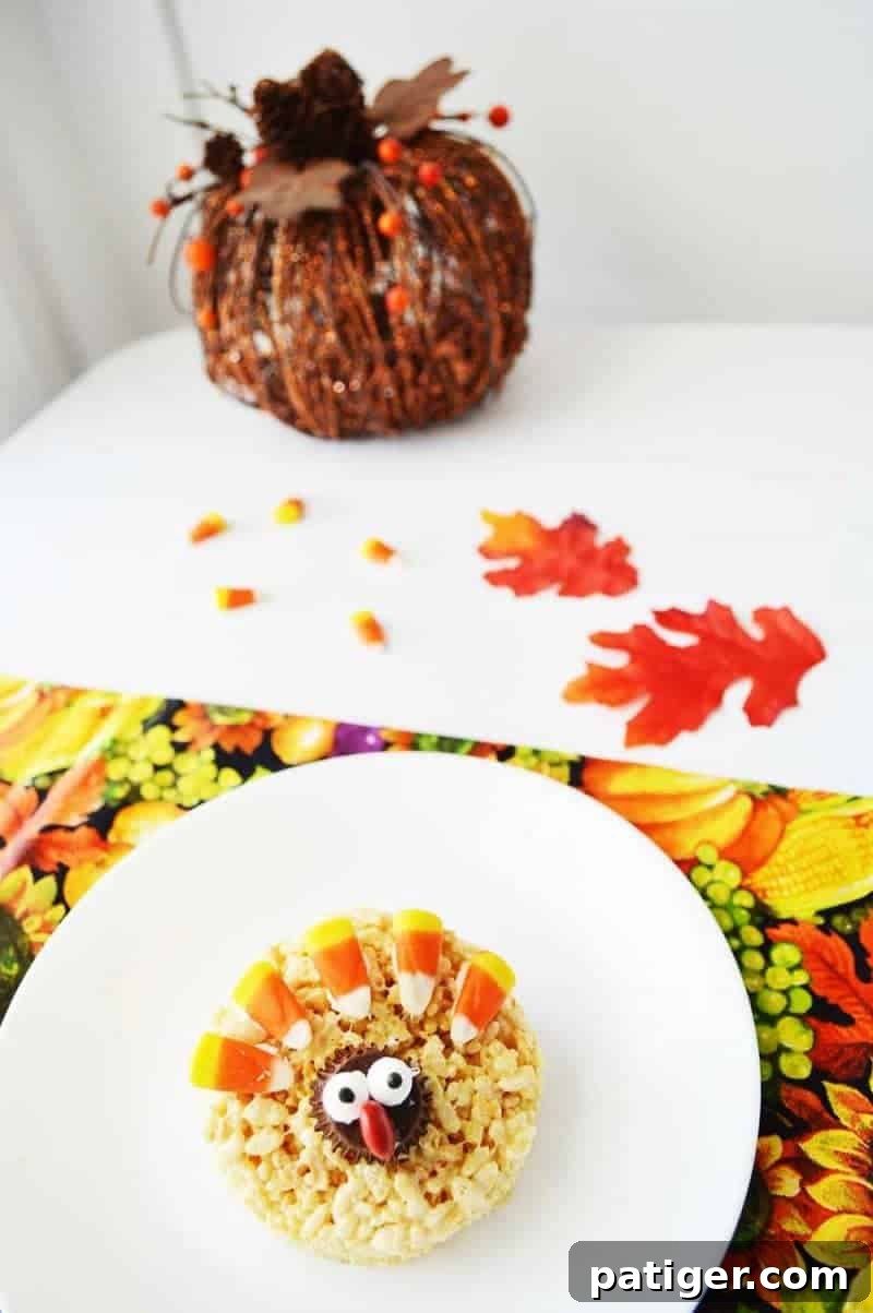 Multiple finished Turkey Rice Krispie Treats arranged on a white serving platter, ready for holiday festivities