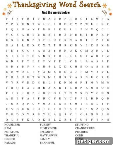 Festive Thanksgiving Word Search 3 Thanksgiving word search with a word bank containing 16 Thanksgiving words such as turkey, dinner, family, stuffing, and parade.