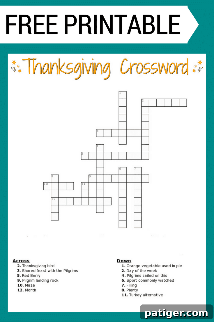 Turkey Day Crossword Printout 2 Free Thanksgiving Crossword Puzzle Printable Worksheet with festive illustrations, perfect for holiday learning
