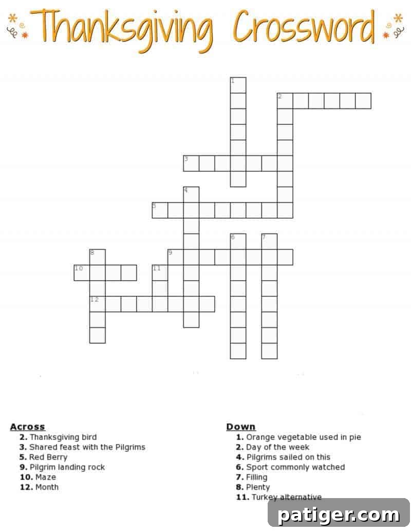Turkey Day Crossword Printout 3 Download the challenging Thanksgiving crossword puzzle printable without a word bank for advanced learners