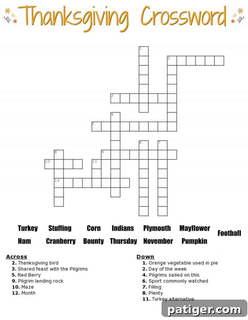 Turkey Day Crossword Printout 4 Download the easier Thanksgiving crossword puzzle printable with a word bank, ideal for younger kids