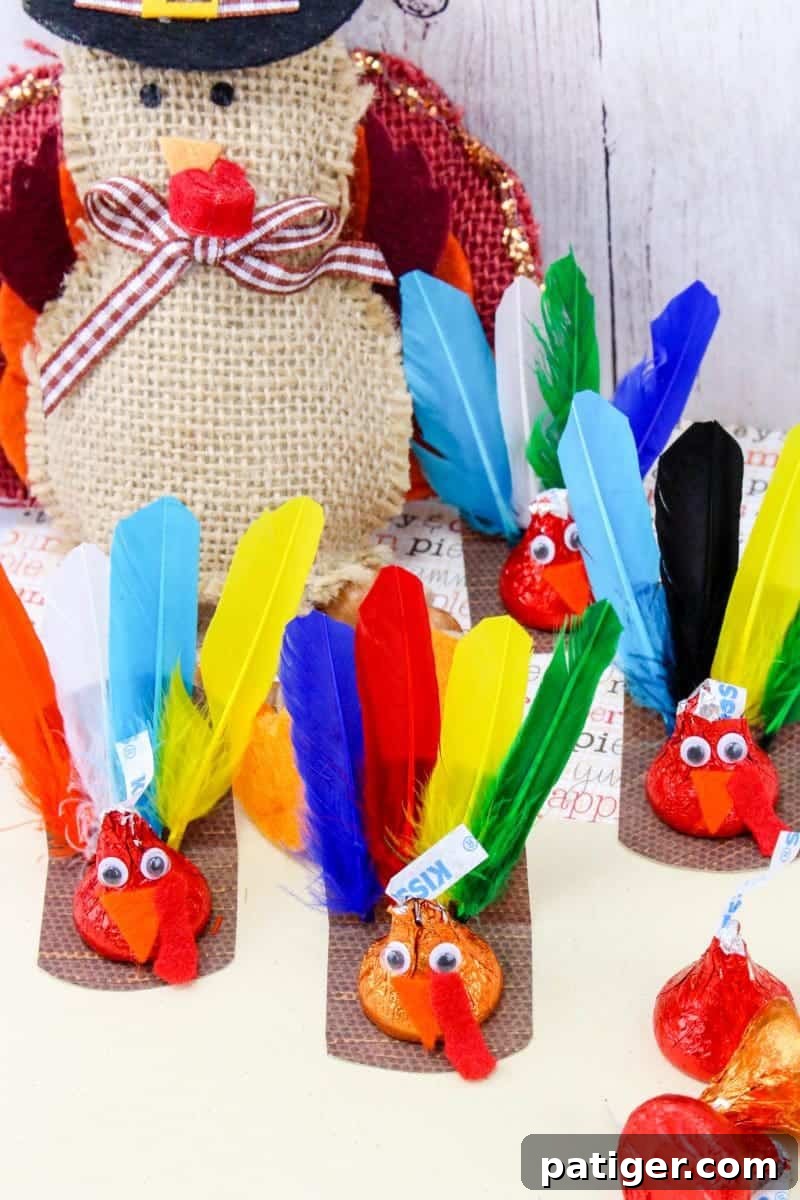 DIY Thanksgiving Chocolate Kiss Turkeys 2 A group of small Thanksgiving-themed turkey crafts made using Hershey’s Kisses as the body, with colorful feathers attached at the back, googly eyes, and orange beaks. Each sits on a small brown base. A burlap turkey decoration is placed in the background.