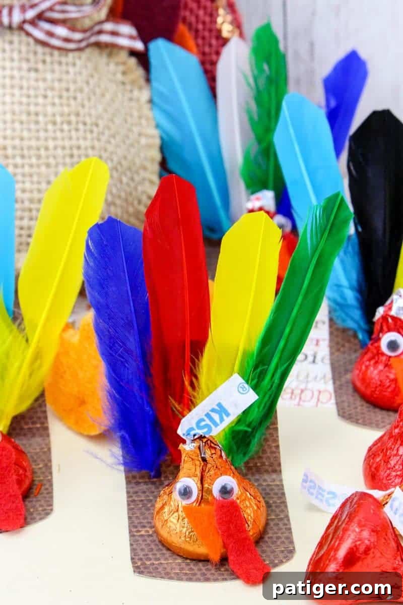 DIY Thanksgiving Chocolate Kiss Turkeys 4 A detailed view of a Hershey’s Kiss turkey craft with red, yellow, blue, and green feathers, small googly eyes, an orange felt beak, and a red wattle, set on a brown paper base.