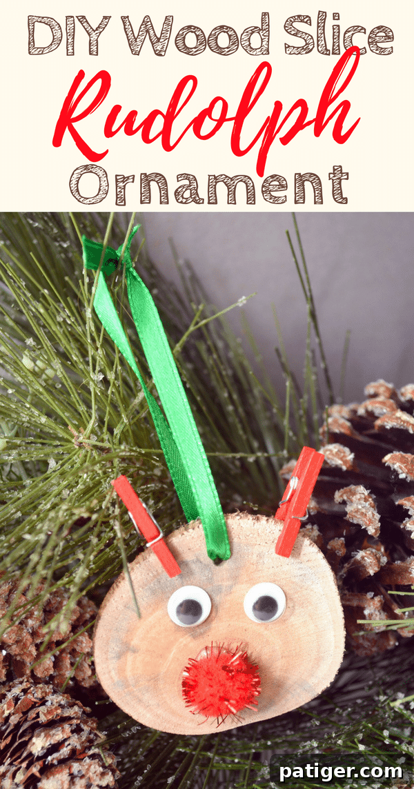 A vibrant, stylized promotional image for the DIY rustic wood slice Rudolph the Reindeer ornament craft, featuring the finished ornament against a festive, blurred background with snow and lights, encouraging readers to try the craft.