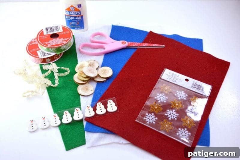 Arrangement of supplies for making a DIY Christmas Tic Tac Toe board, including felt, ribbon, wood slices, and foam stickers.
