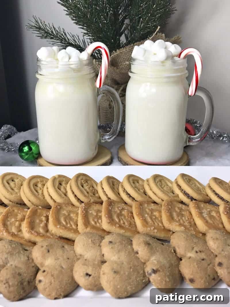 A festive mug of white hot chocolate topped with whipped cream, mini marshmallows, and a candy cane, perfect for holiday cheer.