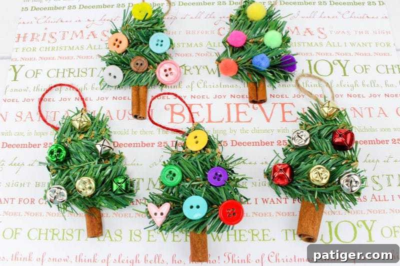 A charming DIY Christmas Tree Ornament craft, featuring wreath garland, fragrant cinnamon sticks, rustic twine, colorful buttons, playful pom poms, and cheerful jingle bells.