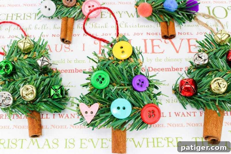 A step-by-step tutorial image for the DIY Christmas Tree Ornament craft, showing the assembly of garland pieces onto the cinnamon stick.