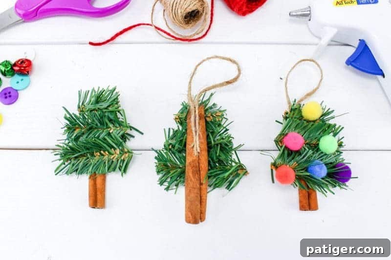 Third step of the DIY ornament craft: attaching a twine loop to the back of the cinnamon stick for hanging.