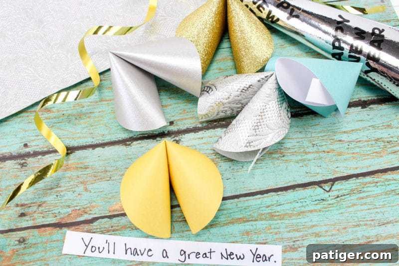 Finished paper fortune cookies ready for a New Year's Eve party.