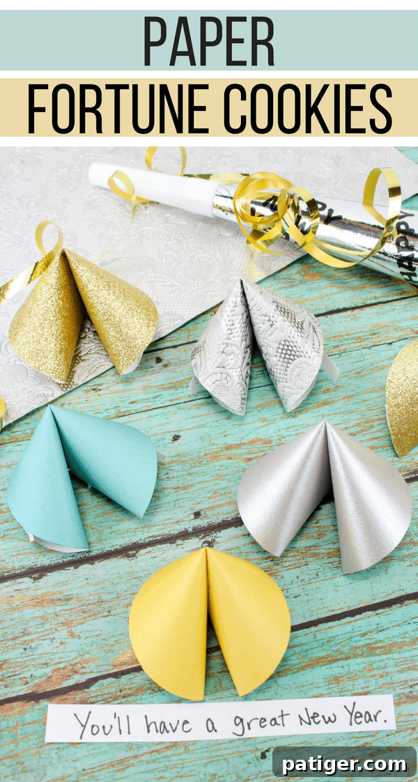 Final display of colorful paper fortune cookies, ready to be opened for New Year's predictions.