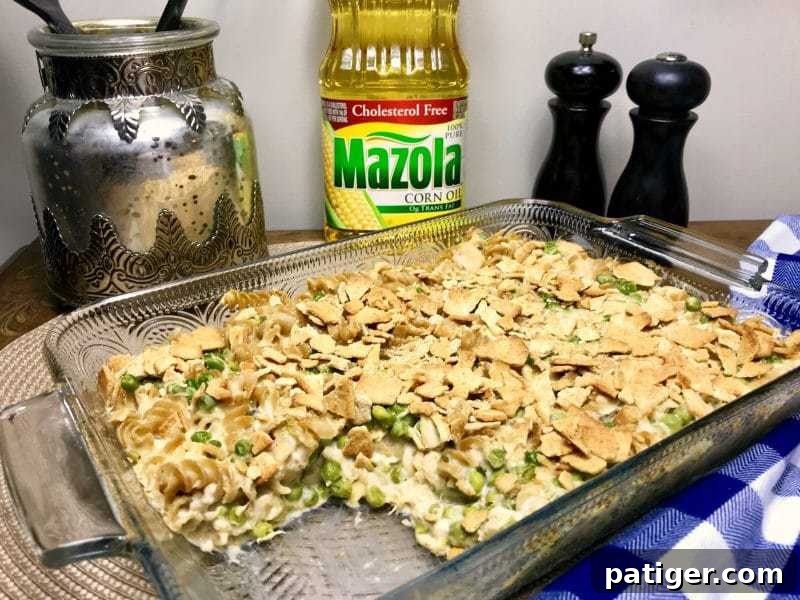 Guilt-Free Tuna Pasta Bake 4 The finished healthier tuna pasta casserole, baked to perfection with a bubbly sauce and a crispy, golden-brown topping.