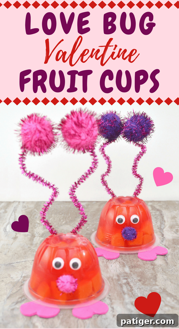 Fruity Love Bug Valentine Treats 13 Collage of Love Bug Valentine Fruit Cups craft steps and final product, showcasing a fun DIY for kids.