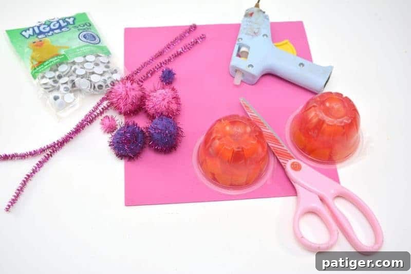 Fruity Love Bug Valentine Treats 4 Craft materials for Love Bug Valentine Fruit Cups, including googly eyes, pom poms, and pipe cleaners.