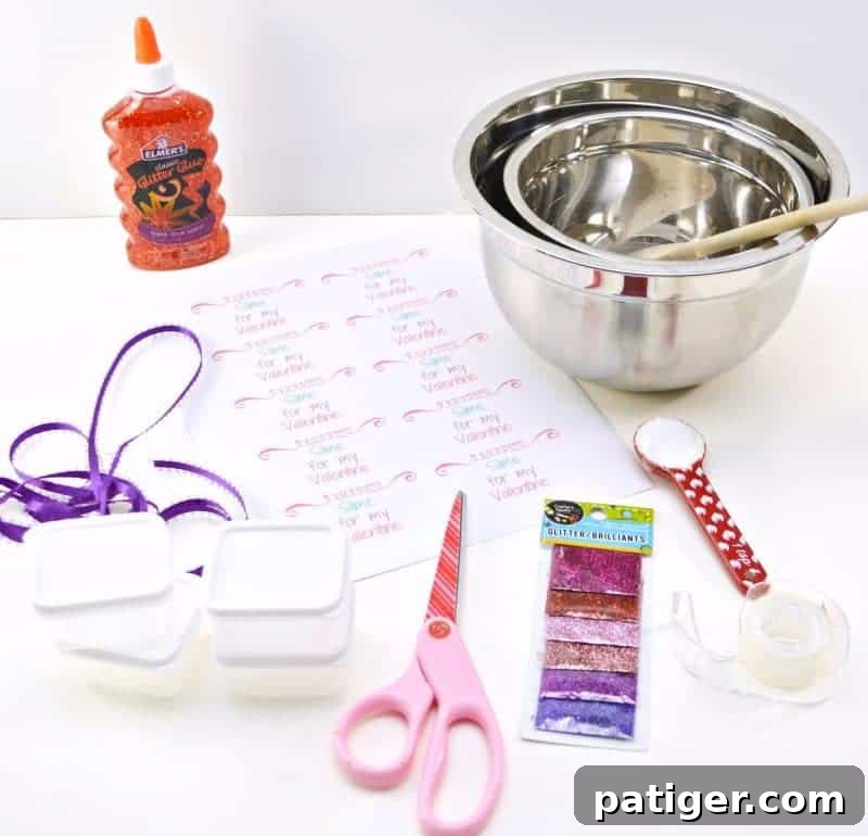 Sweetheart Slime Creation and Complimentary Gift Tags 3 A collection of ingredients and tools for making Valentine's Day slime