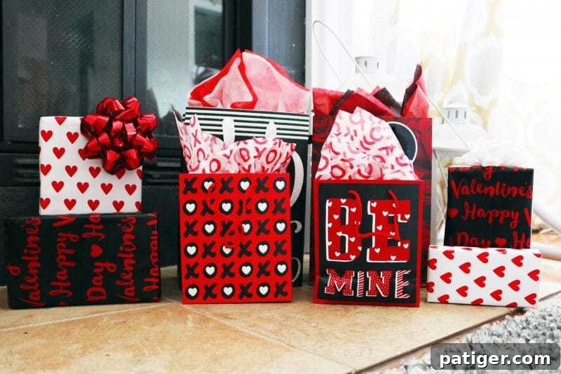 Beautifully wrapped Valentine's Day presents, elegantly displayed alongside festive decor, ready to spread love and joy on the special day.