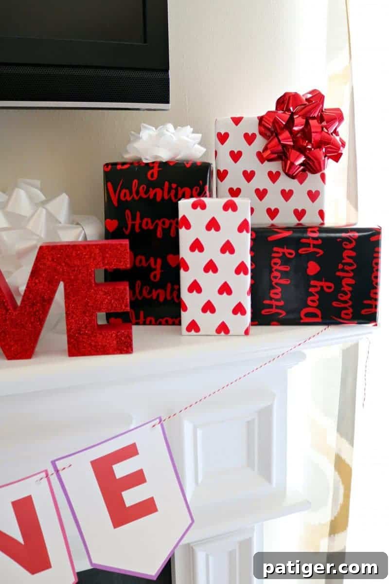Elevate your DIY Valentine decor with our free "Be Mine" Valentine banner printable. Beautifully displayed alongside wrapped gifts, it creates a charming and cohesive festive setting.