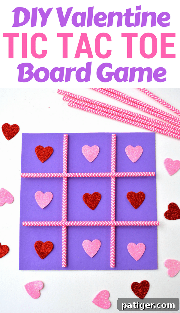 XOXO Tic Tac Toe 9 Finished DIY Valentine's Day Tic Tac Toe game with pink and red heart pieces on a purple foam board