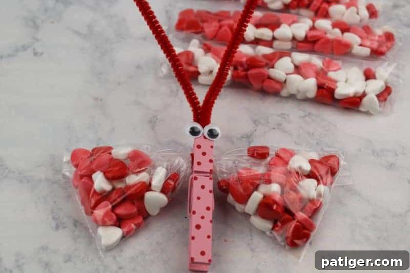 Clipping the decorated clothespin onto the twisted pipe cleaner in the center of the snack bag