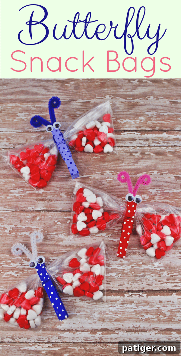 A Pinterest-ready image showcasing multiple butterfly snack bags with various fillings and colorful clothespins