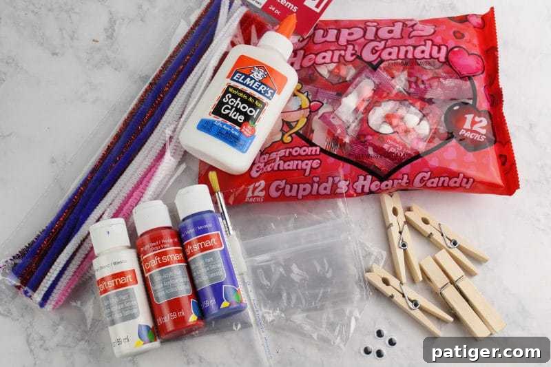 Essential craft supplies laid out for making butterfly snack bags, including clothespins, paint, and googly eyes