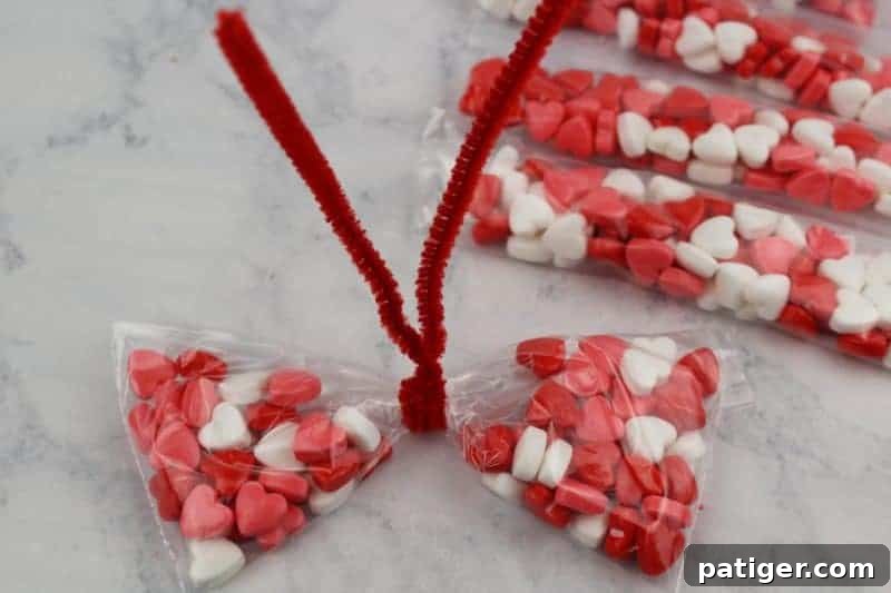 Dividing snack bag contents into two sections and twisting a pipe cleaner around the center to create butterfly wings