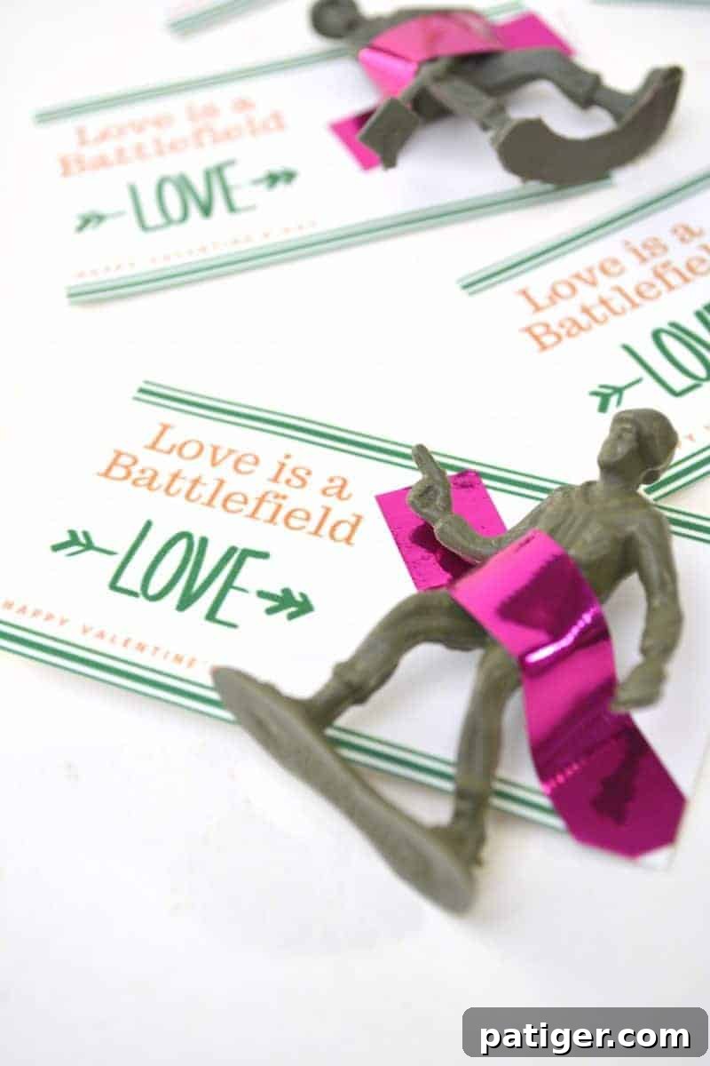 Heartwarming Heroics Free Printable Valentines for Kids 2 A unique 'Love is a Battlefield' toy soldier Valentine's Day card, perfect for kids to give classmates.